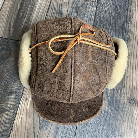 Vintage SHEARLING BOMBER Leather Hat Large USA - Picture 2 of 4